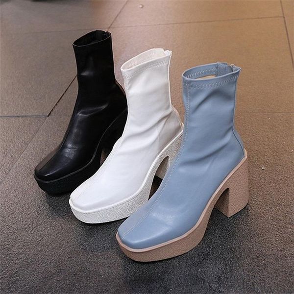 

boots 2021 autumn winter warm women high heels goth platform shoes woman ankle leather zipper booties big size 35-40, Black