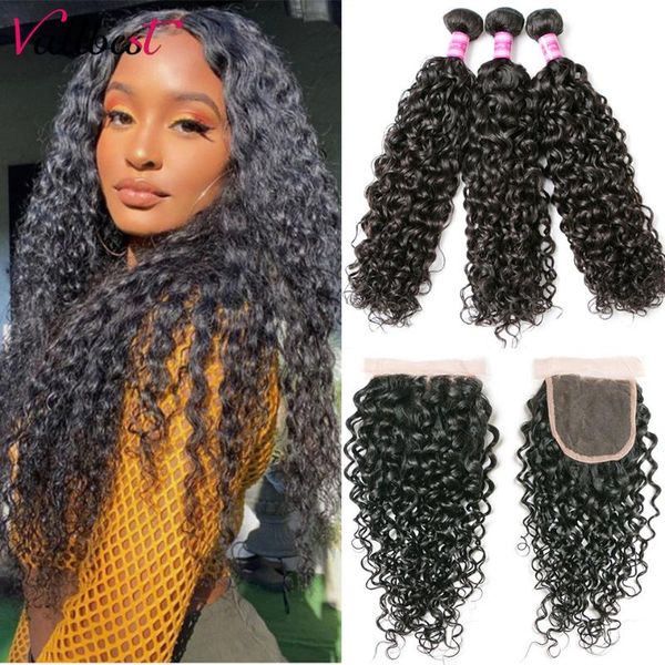 

human hair bulks vall malaysian water wave bundles with closure 100% 3 4*4 lace baby remy, Black