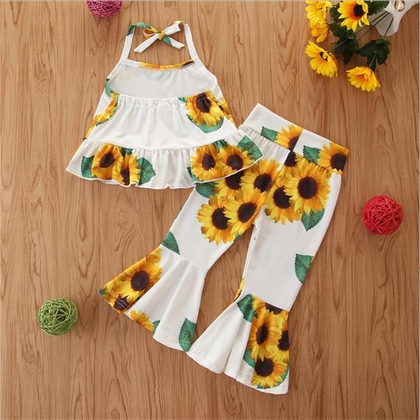 

clothing sets children's summer clothes, western style, girls sunflower suit, fashionable lace suspenders and bell bottom pants, White