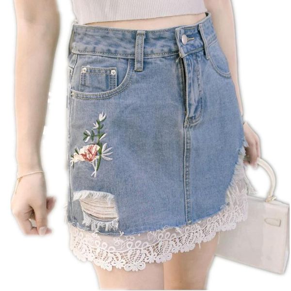 

skirts sweet fashion patchwork lace 2021 summer women denim a-line holes elegant embroidery mini empire q016, Black