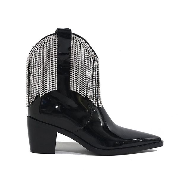 

boots phoentin genuine leather cowboy women crystal tassel ankle fringe chunky heels party shoes black fashion ft1123 8mhz