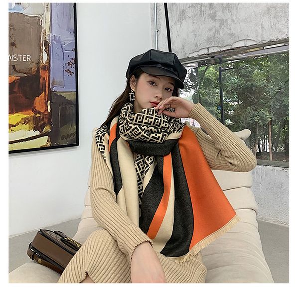 

and new imitation cashmere shawl versatile geometric letter diagonal stripe scarf women's thickened warm air conditioning long, Blue;gray