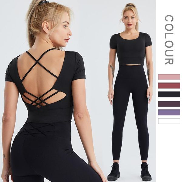 

yoga outfit large size backless short sleeve suit for fitness women gym clothing sportswear workout set sport woman active wear