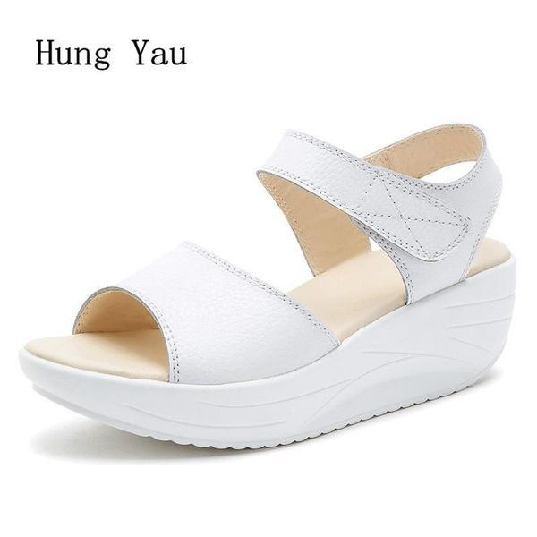 

women sandals flats shoes 2021 summer leather breathable wedges fashion platform hook & loop peep toe female slides ladies, Black