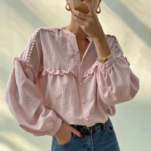 

[ewq] 2021 autumn ladies korean sweet pink blouse round neck single-breasted fold stitching loose wild long-sleeved shirt women women's, White