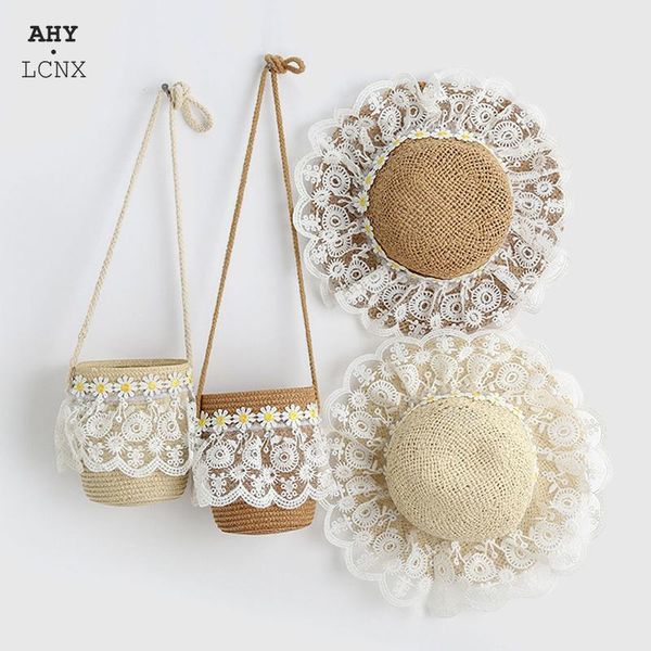 

caps & hats summer girls flower breathable hat straw with handbag bags kids big brim boy sun uv protection beach panama, Yellow