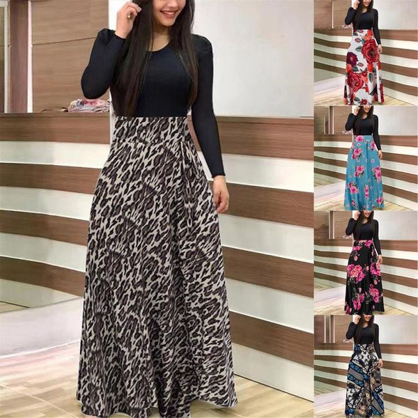 

long sleeve fashion floral print women dresses maxi casual streetwear plus size retro r5, Black;gray