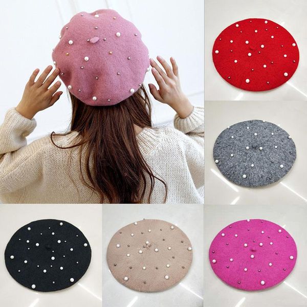 

plain colours pearl rivet wool beret hat ladies womens girls fashion autumn winter black red gray berets, Blue;gray