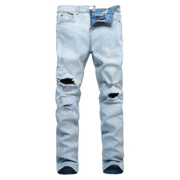 

men's jeans fashion casual slim fit hip hop streetwear cowboy male men's jeans hole black patches zipper leg o2zc, Blue