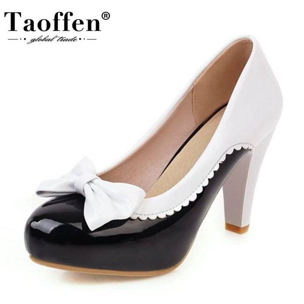 

dress shoes taoffen size 32-48 thin high heel women platform pumps bowknot round toe patent leather sweet banquet lady, Black