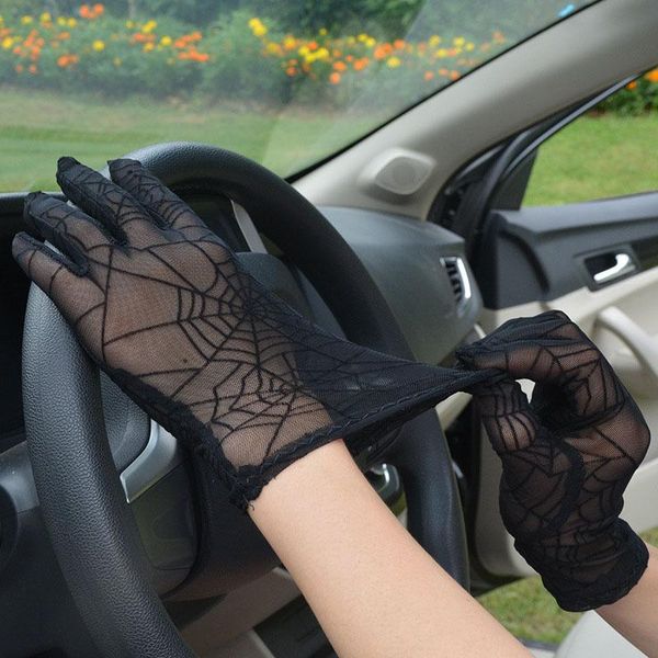

five fingers gloves summer female driving women full finger sunscreen short lace spider web pattern sun anti-uv black c10, Blue;gray