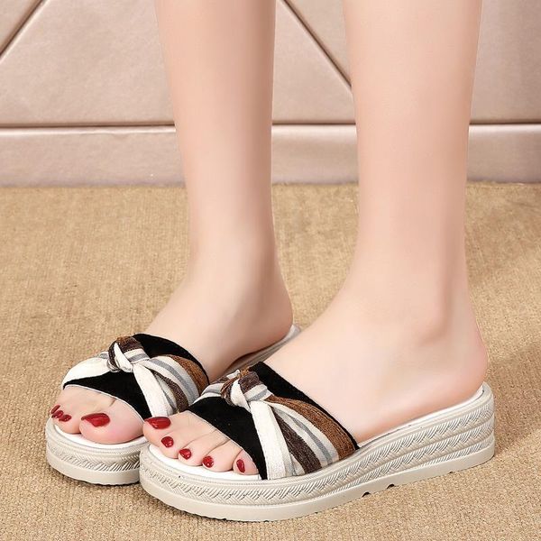 

slippers fairy wind women sandals slope heel middle cool slipper girl fashionable and elegant personalized design unique, Black