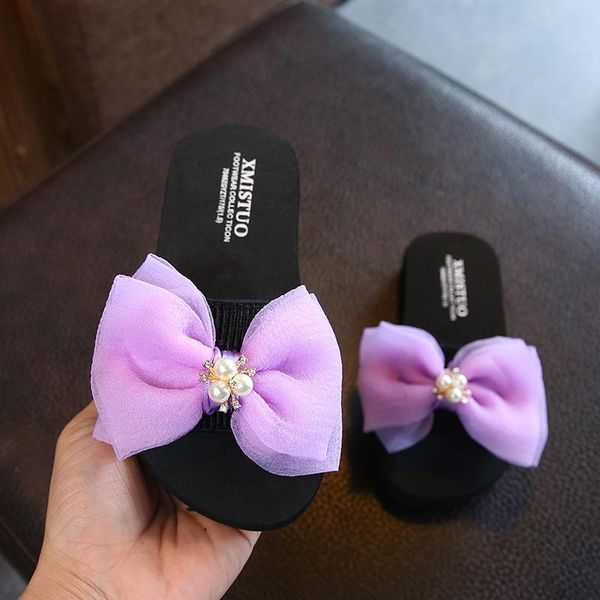 

slipper girls slippers childrens cute princess shoes sweet bowtie parent baby drags open toe summer beach 24-42#, Black;grey