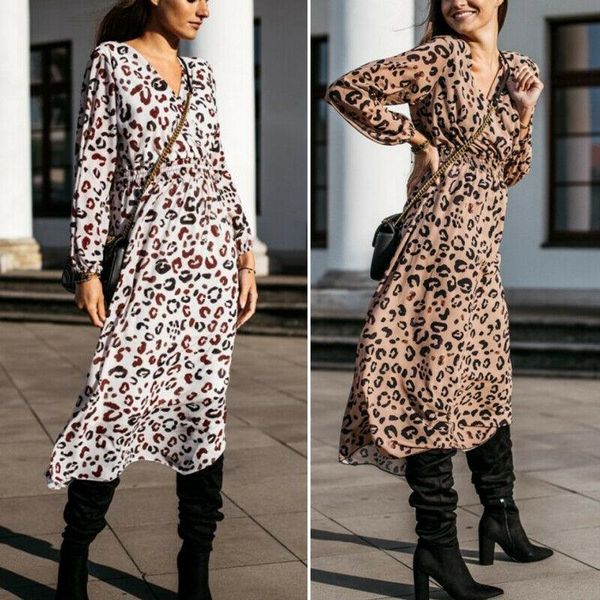 

est arrivals women leopard print midi dress lady long sleeve v neck clubwear party wrap outfits casual dresses, Black;gray