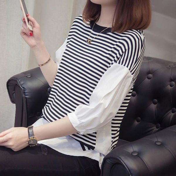 

women's blouses & shirts 2021 spring autumn fashion women blouse loose casual stripes splicing round neck fake two japanese style simpl, White