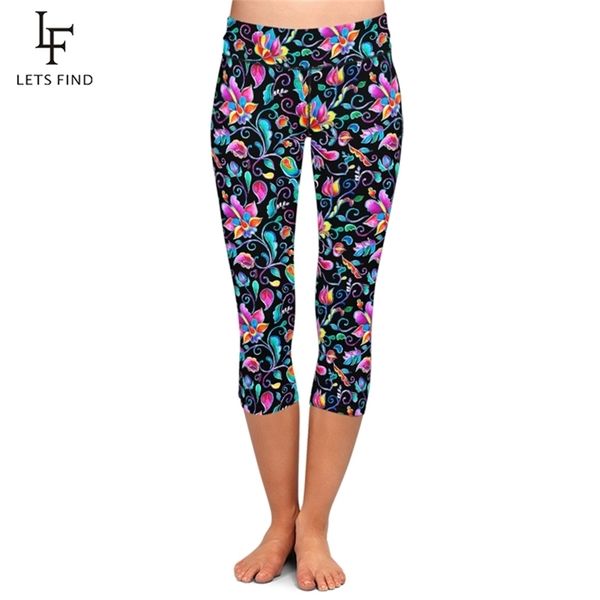 LETSFIND Sommer Frauen Schwarze Leggings Hohe Elastische Milch Seide Blumen Druck Taille Fitness Casual Mid-Kalb 211204