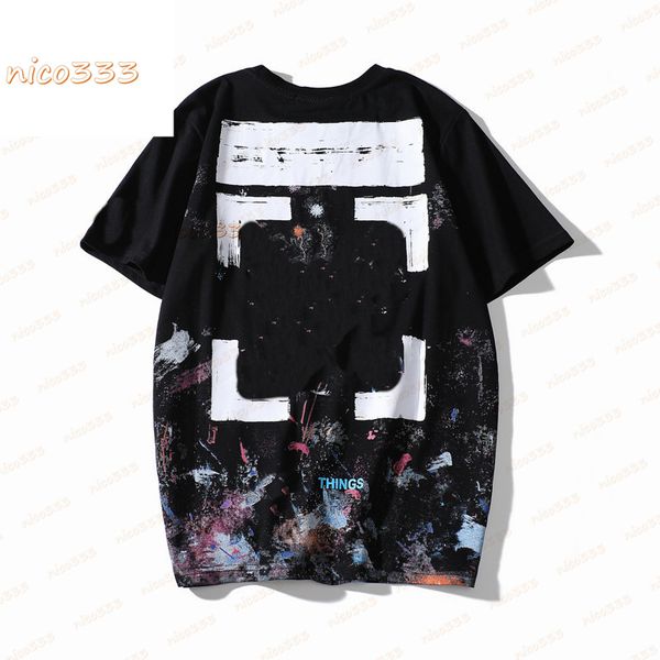 

2021 high-quality off mens t shirt short-sleeved fireworks starry sky graffiti ow men and women the same loose round neck t-shirt half-sleev, White;black