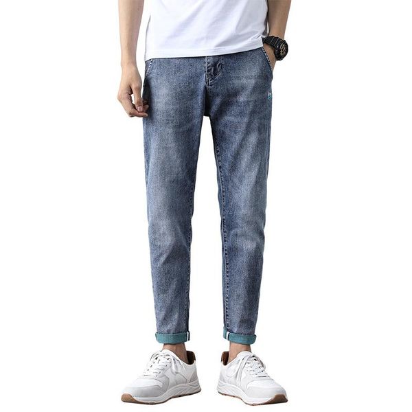 

men high-end korean version brand jeans light blue straight elasticity trendy comfortable soft punk leisure personality trousers men's
