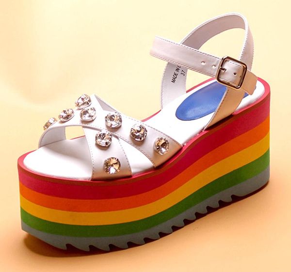 

summer rainbow platform sole gladiator sandals rhinestone studs buttons white leather wedge heels shoes women rome style, Black