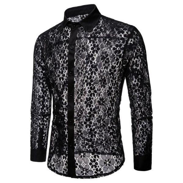 

men's casual shirts men long sleeve solid color lace see through clubwear turn down collar buttons skin-friendly shirt, White;black