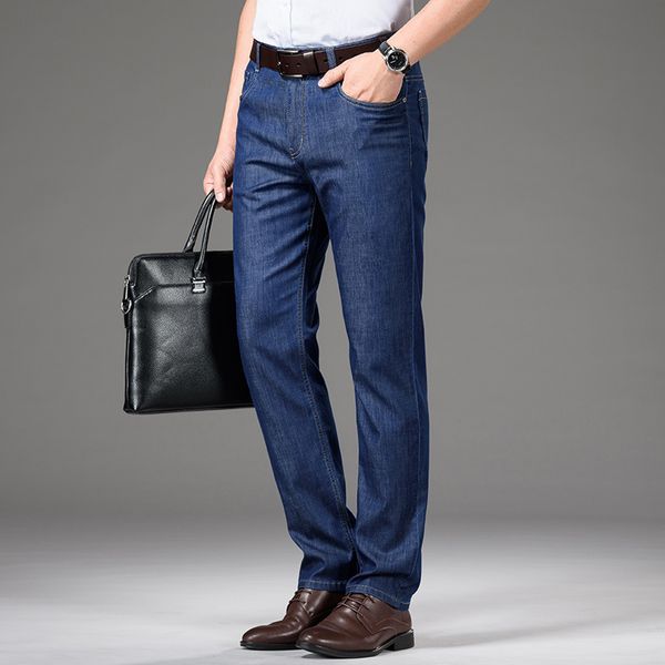 

2021 spring and summer men's tencel thin high waist loose straight middle aged business casual jeans, Blue