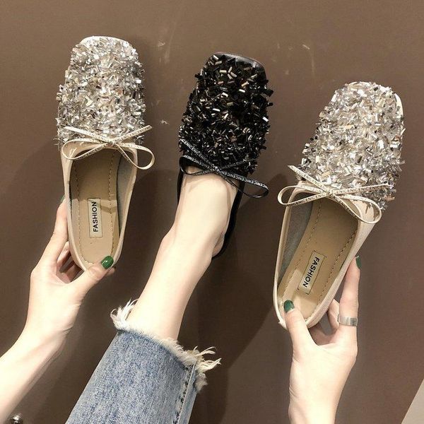 

shoes woman 2021 slippers soft low butterfly-knot square toe luxury slides pantofle comfort designer pu hoof heels cotton fa, Black