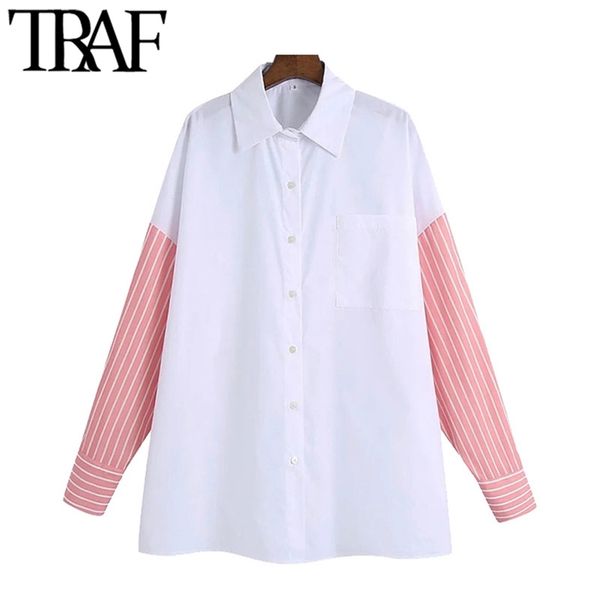 

women fashion patchwork striped oversized blouses vintage long sleeve button-up female shirts blusas chic 210507, White