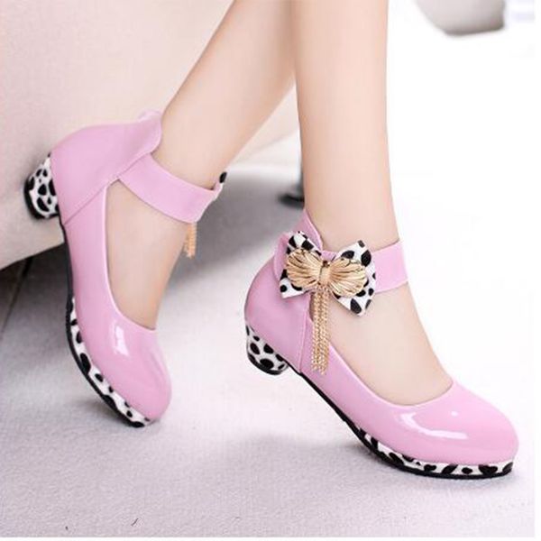 

new children princess high heel for girls leather shoes fashion wild purple dress butterfly shoes kids party wedding dance shoes, Black;red