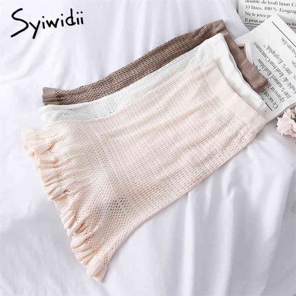 

hollow out elastic high waist ruffles mermaid skirt women mid-calf casual a-line solid spring korean fashion 210607, Black