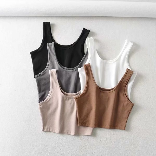 

women's tanks summer crop sleeveless short cotton u collar knitted bar, White