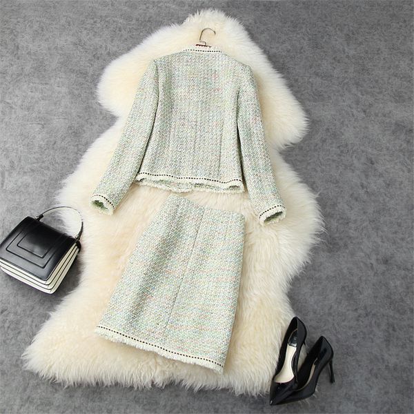 

two piece dress runway female designer autumn suit fashion lady outfits long sleeve tweed wool jacket and skirt 2 piecesets wrmd, White