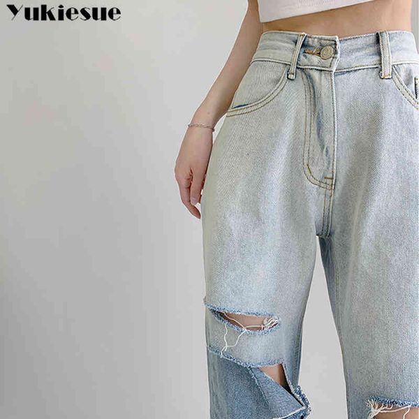 

streetwear high waist women's fashion jeans woman ripped hole women wide leg pants trousers female jean femme denim mom jeans 210519, Blue