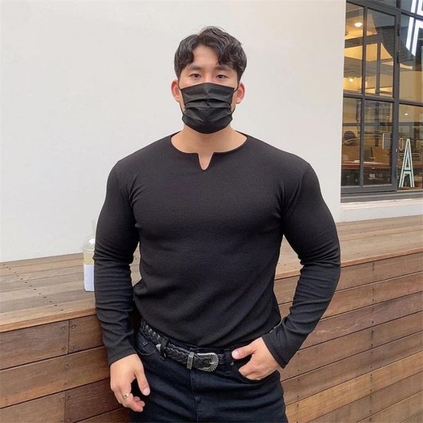 

men's t-shirts 2021 men v neck long sleeve t-shirt fitness slim fit sports strips male solid fashion tees cotton gym clothing, White;black