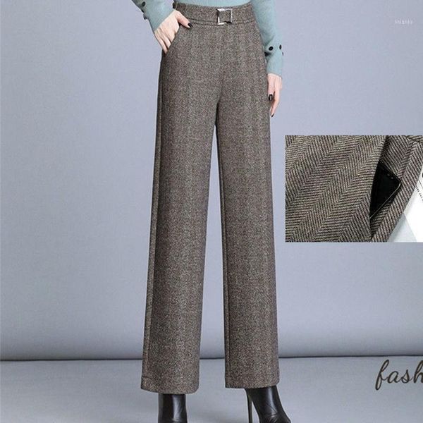 

women autumn winter woolen trousers female slim high waist straight pant ladies casual stripted plus size wide leg h78 women's pants &, Black;white
