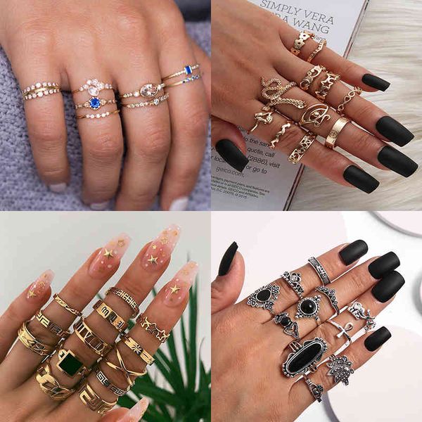 

vintage knuckle ring sets for women boho crystal stone geometric figure rings female bohemian jewelry gift, Silver