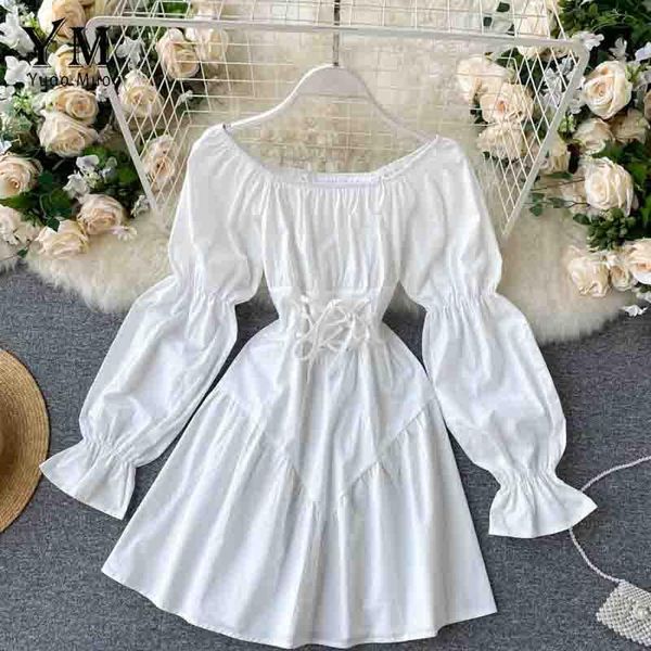 

casual dresses early autumn dress 2021 retro gothic women white black bandage mini off shoulder puff sleeve korean for, Black;gray
