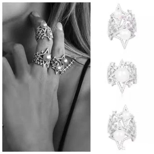 

cluster rings soelle 925 sterling silver pearl star galaxy finger ring micro cubic zirconia stones women ladies elegant jewelry, Golden;silver