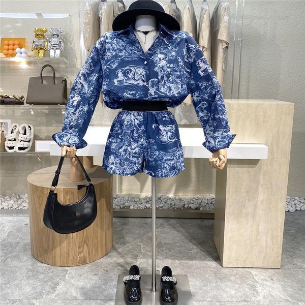 

women's tracksuits brand original design 2021 cool fashion animal print long sleeve lapel casual shirt+loose high waist wide leg shorts, Gray