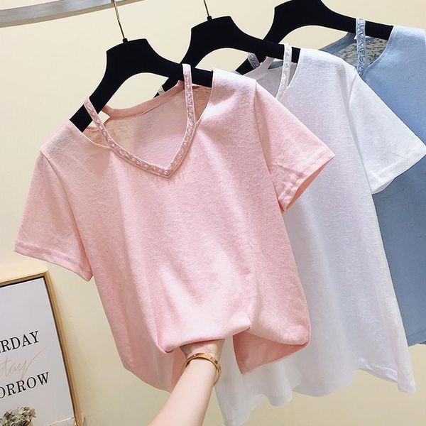 

white korea style pink blue womens t shirts summer v neck tee short sleeve fashion