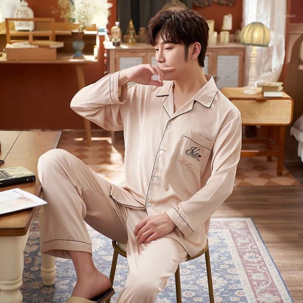 

men pajamas set faux silk sleepwear satin 2pcs shirt&pant casual pijamas suit silky lounge wear plus size 3xl nightwear men's, Black;brown
