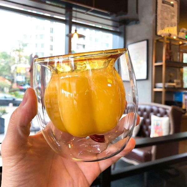 

wine glasses creative pumpkin double layer milk cup heat resistant korean tumbler coffee water glass viral style cute halloweeen gift