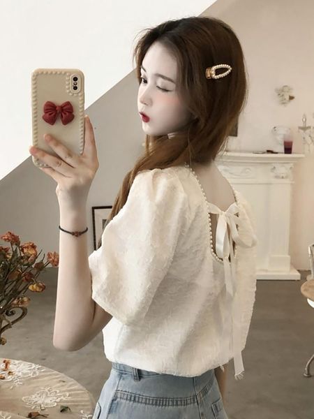 

women's blouses & shirts summer women 's short shirt 2021 sweet backless fairy doll loose sleeve, White