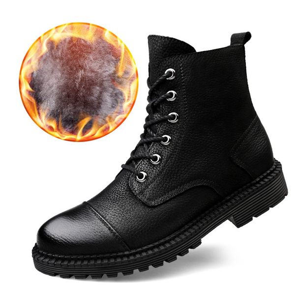 

winter mens boots thick plush warm snow genuine leather zipper men ankle boot waterproof men's sneakers plus size shoes, Black