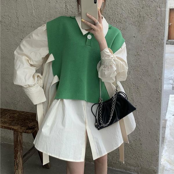 

autumn product long-sleeved simple apricot shirt and lace-up green pullover knitted vest fashion suit women's blouses & shirts, White