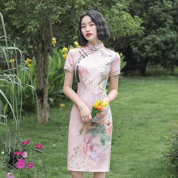 

ethnic clothing pink lady cheongsam novelty print flower short qipao chinese traditional classic mandarin collar dress big size vestido, Red