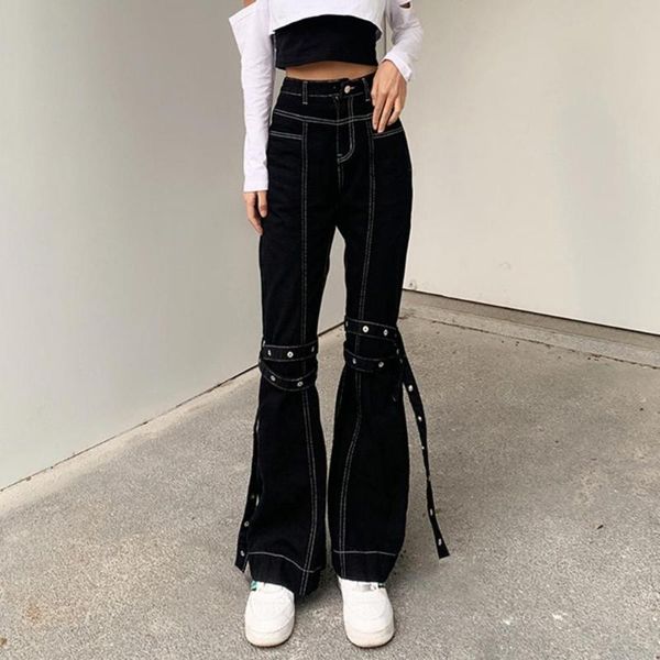 

women's jeans women fashion solid color flared high waist slim long pants bandage pockets bell-bottom trousers for work, Blue