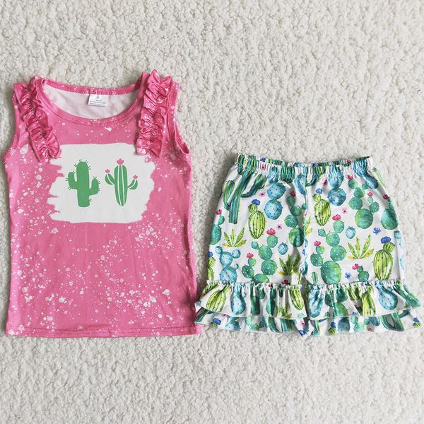 

rts wholesale kids clothing sets fashion baby girls designer clothes set milk silk summer sleeveless cactus print ruffle shorts pink childre, White