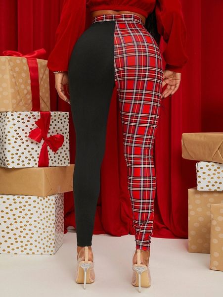

sxy tartan & colorblock high waist leggings v4x7#, Black