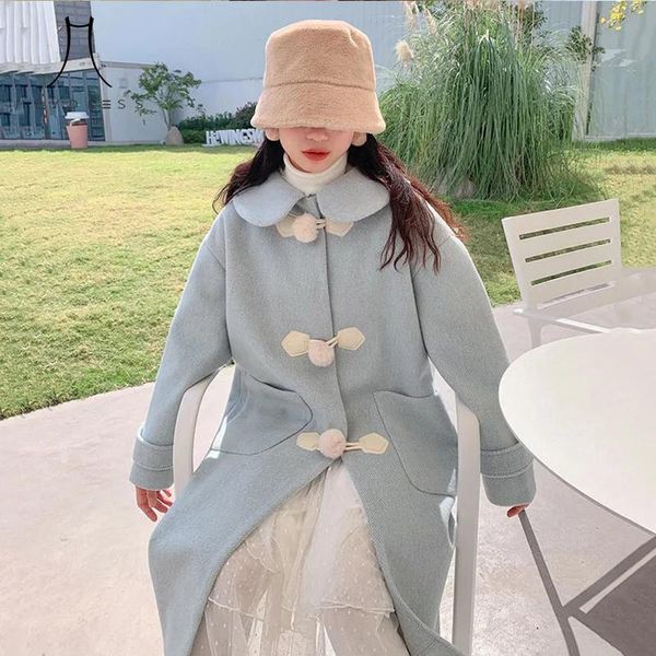 

women's wool & blends heydress women solid pocket winter warm coat lady turn down collar blue fashion streetcoat female cute horn butto, Black