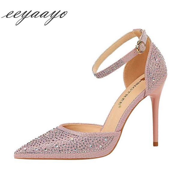 

summer women ankle strap sandals high thin heels pointed toe buckle crystal ladies shoes pink, Black